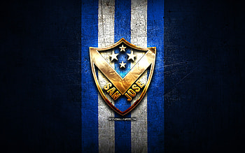 San Jose FC, golden logo, Bolivian Primera Division, blue metal background, football, Venezuelan football club, CD San Jose logo, soccer, Venezuelan Primera Division, CD San Jose HD wallpaper