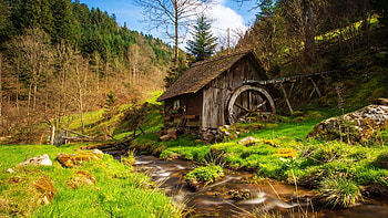 Watermill at Spring, mountains, creek, clouds, landscape, trees, sky, forest HD wallpaper