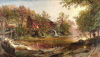 Jasper Francis Cropsey - The Old Mill (1876), landscape, watermill, duck, stream, bridge, artistic, painting HD wallpaper