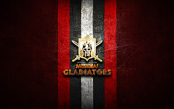 Mumbai Gladiators, golden logo, Elite Football League, red metal background, indian football team, Mumbai Gladiators logo, american football HD wallpaper