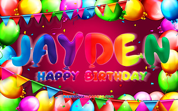 Happy Birtay Jayden, , colorful balloon frame, Jayden name, purple background, Jayden Happy Birtay, Jayden Birtay, popular american female names, Birtay concept, Jayden HD wallpaper