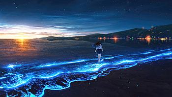 Anime Schoolgirl Walking Barefoot By The Seaside, anime-girl, anime, sea, ocean, artist, artwork, digital-art, pixiv HD wallpaper