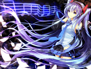 Hatsune Miku, pixiv id 1225767, vocaloid, long hair, miku, hatsune, necktie, detached sleeves, music notes, skirt, blue eyes, twintail, blue hair, ayarin103, tie, anime, micro HD wallpaper