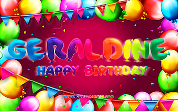 Happy Birtay Geraldine, , colorful balloon frame, Geraldine name, purple background, Geraldine Happy Birtay, Geraldine Birtay, popular german female names, Birtay concept, Geraldine HD wallpaper