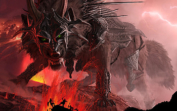 Wolf Jaws Teeth Horns Armor Mountains Lava Lightning At Dark HD wallpaper