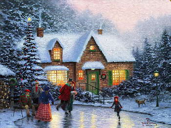 Skater pond, winter, frost, fun, art, beautiful, lake, holiday, painting, snow, lights, christmas, cottage, ice, pond, skate HD wallpaper