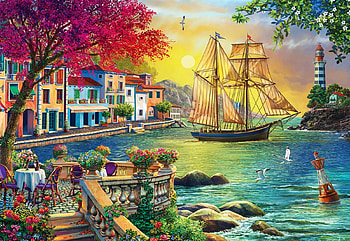 Beautiful Sunset in the Town, coast, artwork, sea, sailship, painting, trees, rocks, houses HD wallpaper