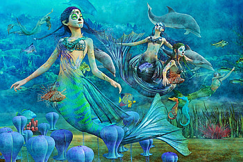 Secrets We'll Never Tell, sea horses, digital, art, Mermaids, underwater, fish, dolphin HD wallpaper