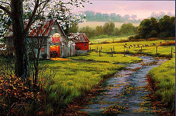 The Homecoming, shed, poultry, painting, light, path, meadow HD wallpaper