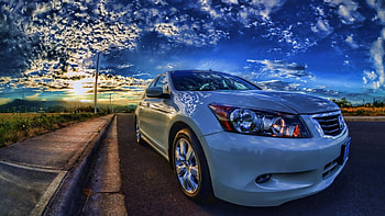 honda accord on a street at sunrise r, car, street, clouds, r, sunrise HD wallpaper