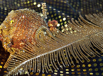 Holidays, Gold, Feather, Close-Up, Ball, Tinsel, Christmas Tree Toy, Sequins, Pen, Exclusive HD wallpaper