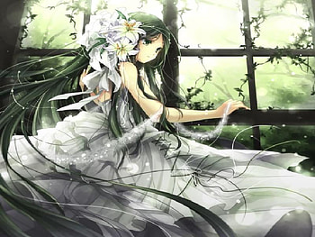 alone, white, window, green, vines, flowers, dress, hair HD wallpaper