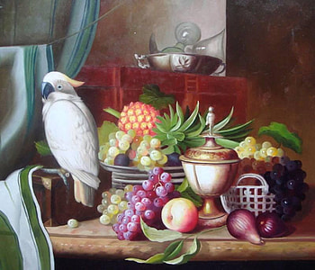 Parrot, basket, fruit, abstract HD wallpaper