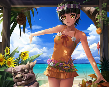 Interest-early-spring-decorating, tropical, cute, dress, sunflower, beach, scenery, flower, scenic, short hair, water, cloud, female, sexy, scene, hot, girl, anime girl, anime, sky HD wallpaper