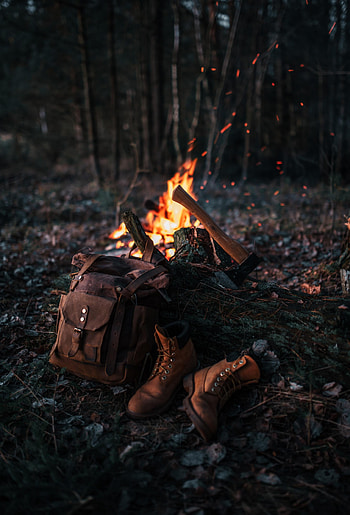 Nature, Bonfire, Miscellanea, Miscellaneous, Boots, Backpack, Rucksack, Shoes, Ax, Axe HD phone wallpaper