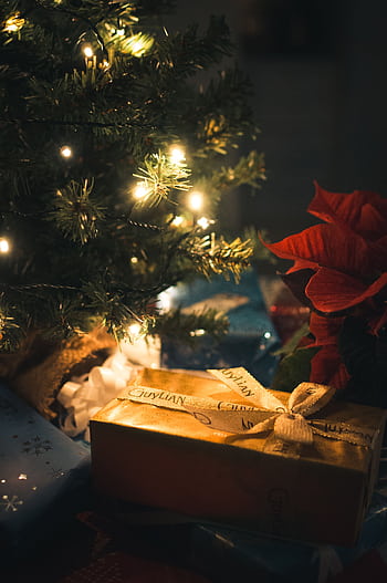 A glowing Christmas tree with gifts underneath, capturing the holiday spirit. HD phone wallpaper