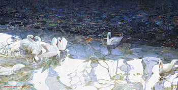 Swans, water, dannylailai, lebada, pasari, lake, blue, white, art, bird, fantasy, swan HD wallpaper