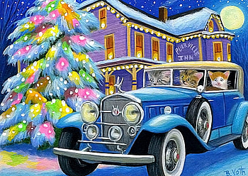 Christmas In Purrville, winter, artwork, painting, car, snow, house, street, cats HD wallpaper