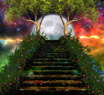 ✫Stairway to Heaven✫, spectacular, stairway, plants, colors, moon, trees, stock , splendid, roses, ground terrain, steps, miracle, beautiful, premade BG, rocks, pretty, cool, clouds, nature, sky, flowers, lovely HD wallpaper
