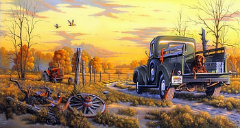 First Glimpse, dog, birds, car, attractions in dreams, paintings, panoramic view, love four seasons, animals, fields, autumn, nature, fall season HD wallpaper