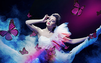 Butterfly Woman, smoke, butterflies, brunette, beauty HD wallpaper