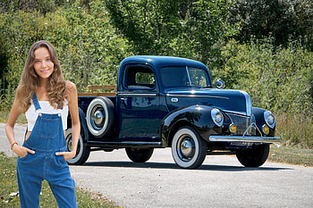 Farmer Katya Clover and her 1941 Ford Deluxe truck, ford, 1941, model, smile, truck, overalls HD wallpaper