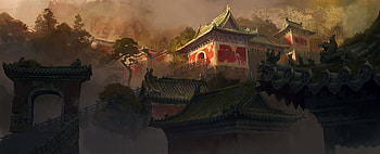 Temple, asian, fantasy, art, red, julien georgel, luminos HD wallpaper