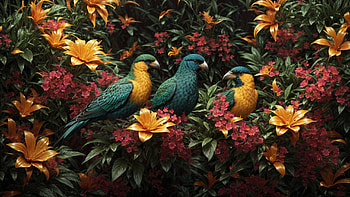 Colorful Birds, bird, colorful, flower, jungle, tree HD wallpaper