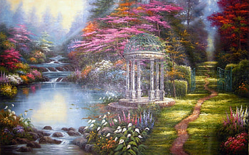lake painting, paint, colorful, forest, lake HD wallpaper