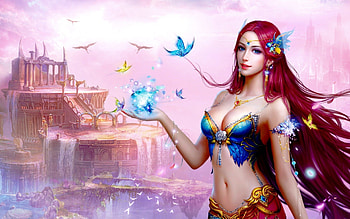 Butterfly Princess, butterflies, birds, fantasy, waterfall, princess, castle HD wallpaper