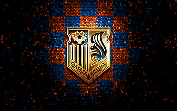 Omiya Ardija FC, glitter logo, J2 League, orange blue checkered background, soccer, japanese football club, Omiya Ardija logo, mosaic art, football, Omiya Ardija HD wallpaper