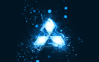 Mitsubishi blue logo, , blue neon lights, creative, blue abstract background, Mitsubishi logo, cars brands, Mitsubishi HD wallpaper