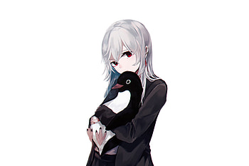 Anime girl, cute, white hair, original, penguin HD wallpaper