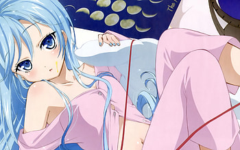 blush, blue eyes, anim, pjs, cute, blue hair, girl, pillow HD wallpaper