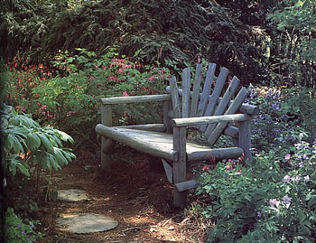 Repose, bench, quiet, plants, steppingstones, garden HD wallpaper