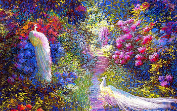White Peacocks, Pure Bliss, garden, flowers, painting, path HD wallpaper