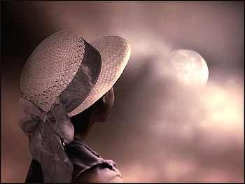 Moon, girl, fantasy, hat HD wallpaper