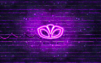 Daewoo violet logo, , violet brickwall, Daewoo logo, cars brands, Daewoo neon logo, Daewoo HD wallpaper