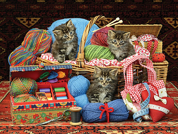 Kittens in the sewing basket, cat, art, pictura, kitten, basket, painting HD wallpaper