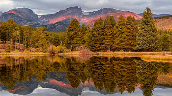 Rocky Mountains NP, Colorado, water, peaks, reflections, clouds, trees, sky HD wallpaper