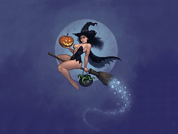 Matt Dixon - Va Va Va Broom, halloween, cauldron, broomstick, moon, pumpkin, matt dixon, witch HD wallpaper