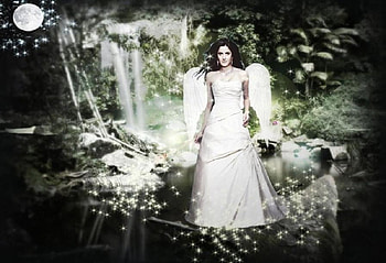 Glistening, night, angel, moon, forest HD wallpaper
