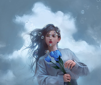 Blue tulips, blue, tulip, girl, mars foong, fantasy, flower, sky, luminos, bubbles, cloud HD wallpaper