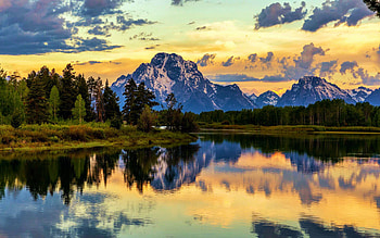 Grand Teton National Park, Wyoming, trees, clouds, sky, water, mountains, usa, reflections, sunset HD wallpaper