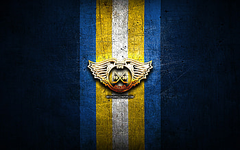 Fife Flyers, golden logo, Elite League, blue metal background, english hockey team, Fife Flyers logo, hockey HD wallpaper