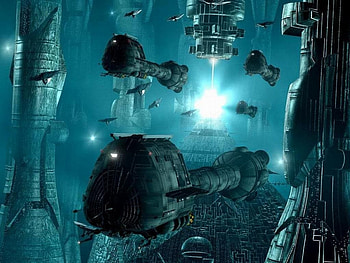 fleet of starships, buildings, ships, power source, lights HD wallpaper