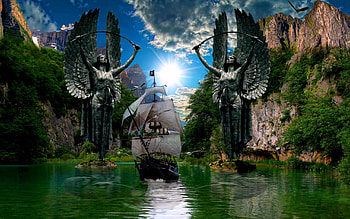 Transport, Landscape, Fantasy, Ships, Sea, Sun, Clouds HD wallpaper