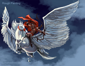 Fantasy Warrior on a Winged Horse, blue, fantasy, hunter, red, sky, pegasus HD wallpaper
