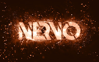 Nervo brown logo, , Australian DJs, brown neon lights, Olivia Nervo, Miriam Nervo, brown abstract background, Nick van de Wall, Nervo logo, music stars, Nervo HD wallpaper