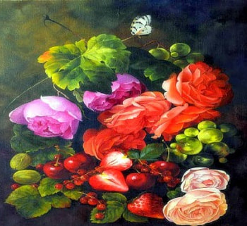 ..Bohemian Etude.., strawberries, grapes, colors, charm, butterflies, animals, butterfly designs, sweet, roses, vase, lovely still life, paintings, beautiful, fruits, creative pre-made, love four seasons, still life, pretty, draw and paint, nature, flowers, lovely HD wallpaper